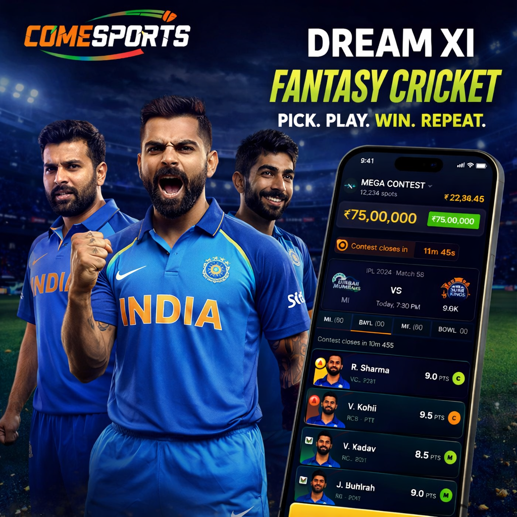 COME FANTASY fantasy cricket and India team visual